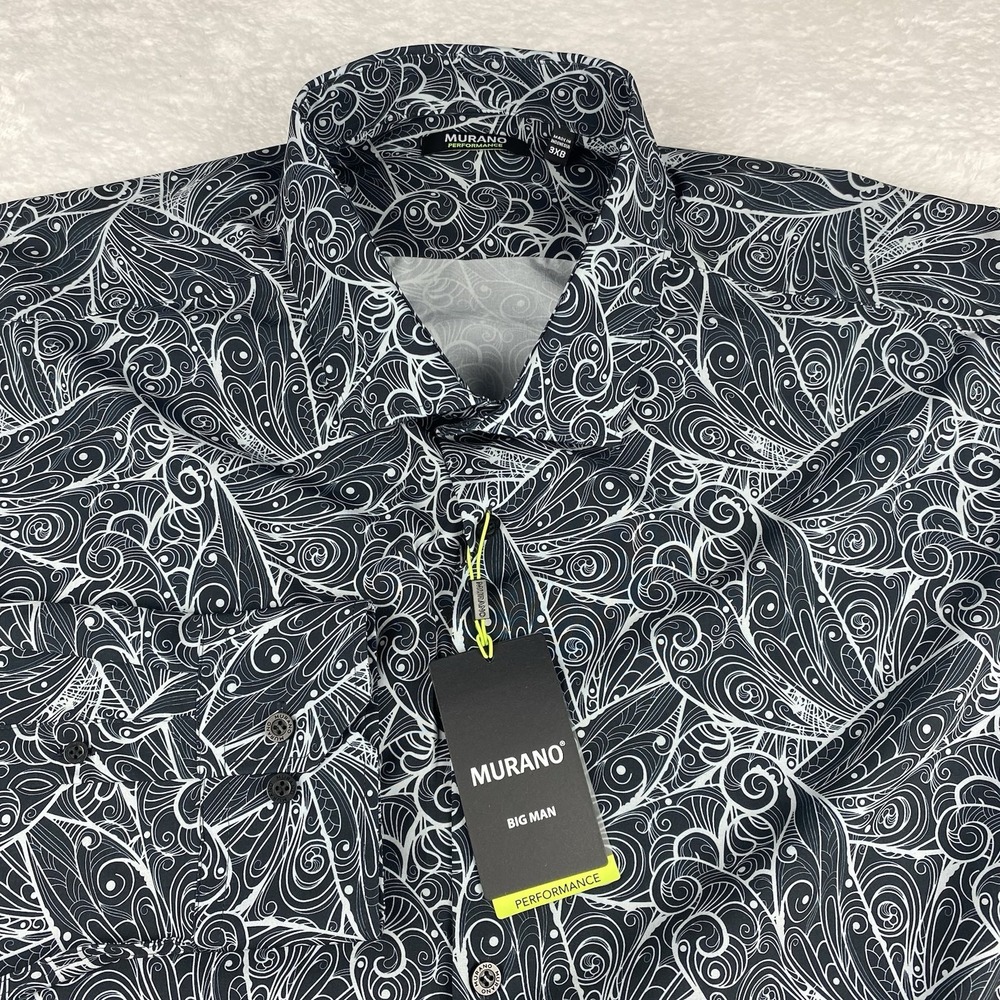MURANO Performance Dress Shirt Mens 3XB Black/White Graphic Print Stretch NWT!
